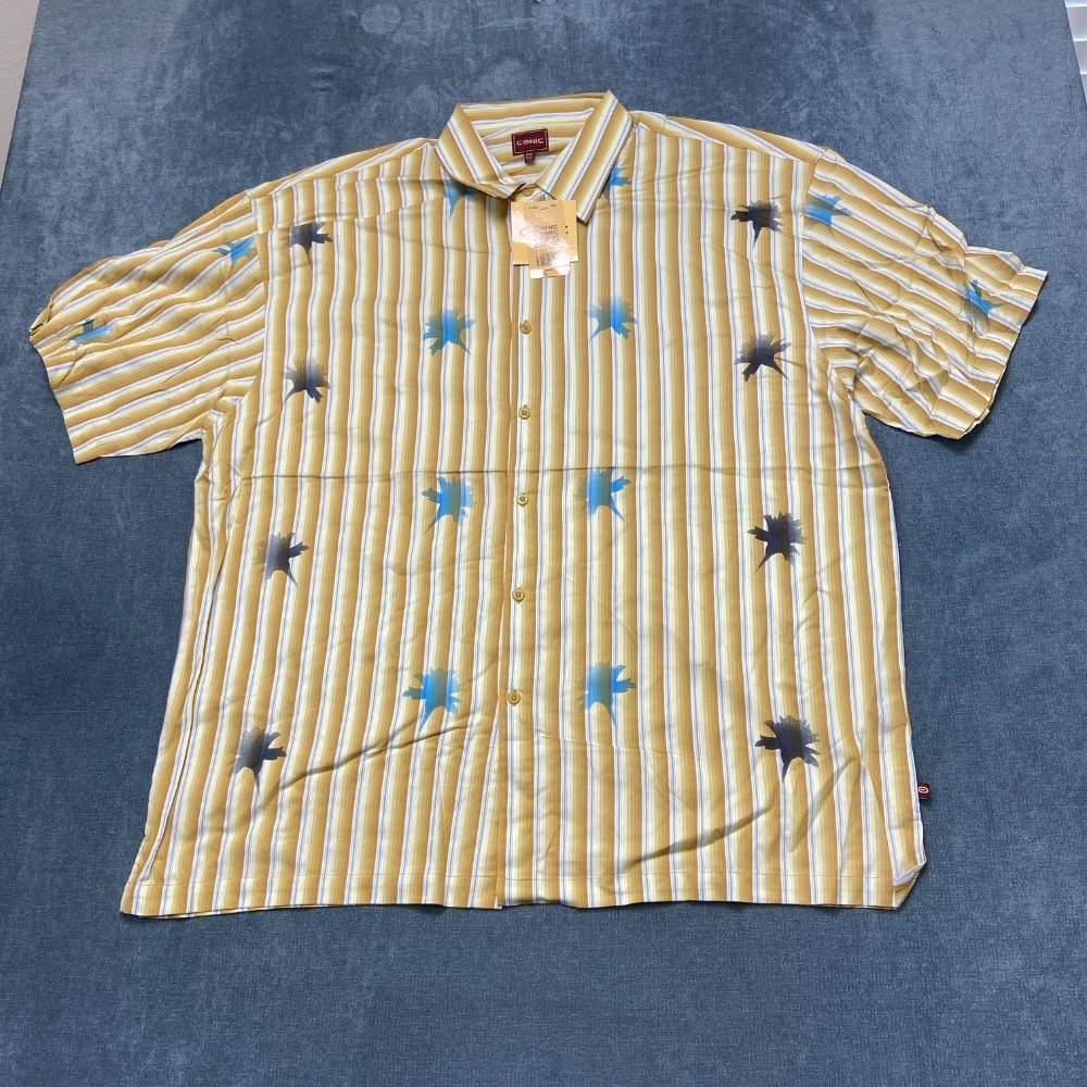 Conic Shirt Mens 2XL Yellow Floral Striped Short Sleeve Classic Collar Button Up